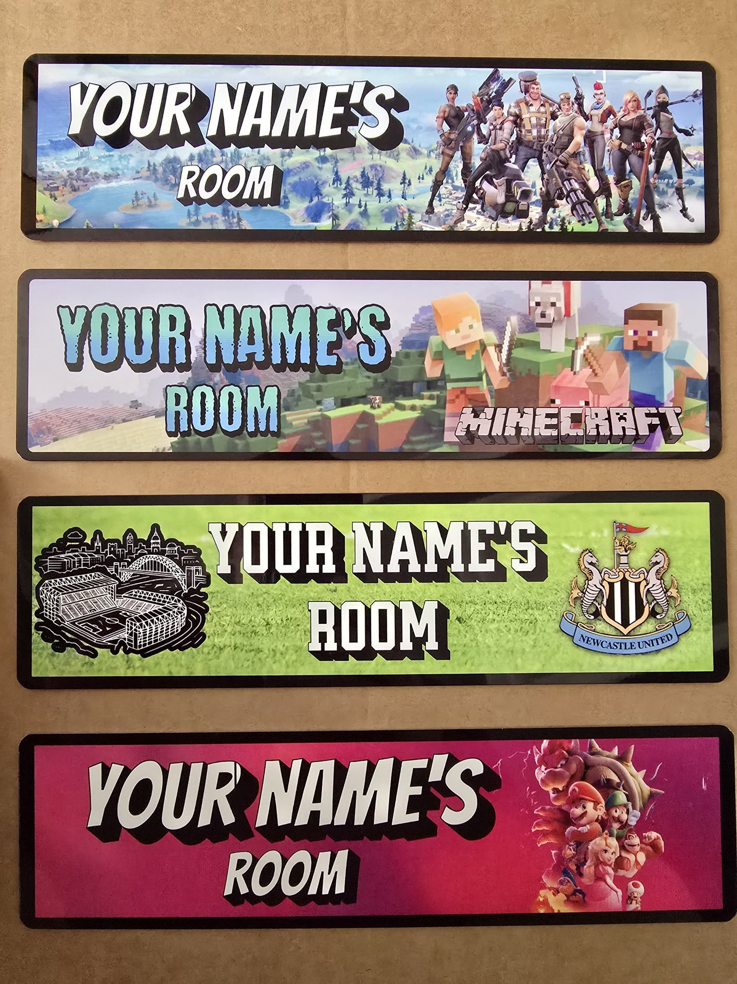 Bedroom Door Sign Personalisation,  275mm X 75mm Metal, NUFC, SAFC, DISNEY, FORTNITE, SONIC