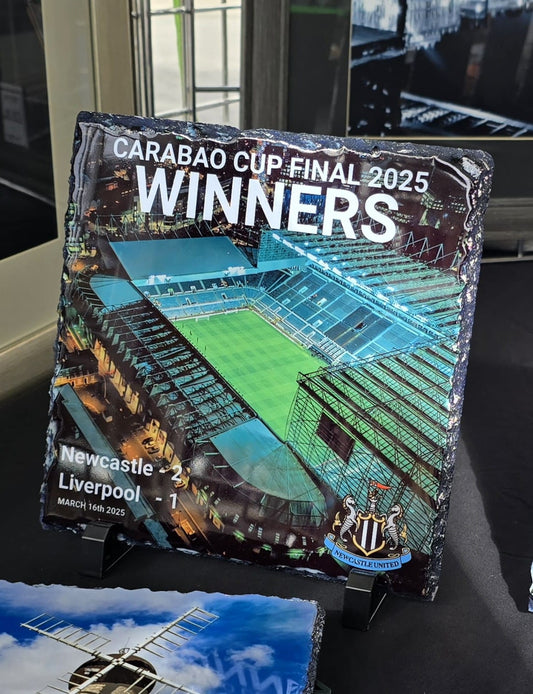 Nufc Carabao cup winners 2025 20 x 20 cm slate ornament with stand.
